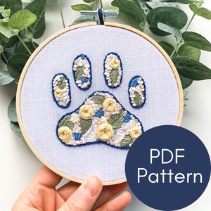 PDF Pattern, Floral Paw Print, Embroidery Pattern, Pet Gift, Dog Lover