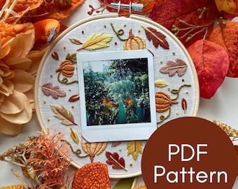 PDF Pattern, Fall Embroidery, Classic Polaroid Frame, Photo Memory, Autumn Leaves, Pumpkins