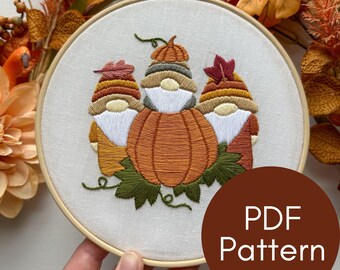 PDF Pattern, Autumn Gnomes, Fall Embroidery, Pumpkin, PDF Pattern