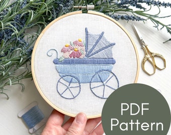 PDF Pattern, Baby Carriage, Nursery Decor, Baby Shower Gift, Embroidery Pattern