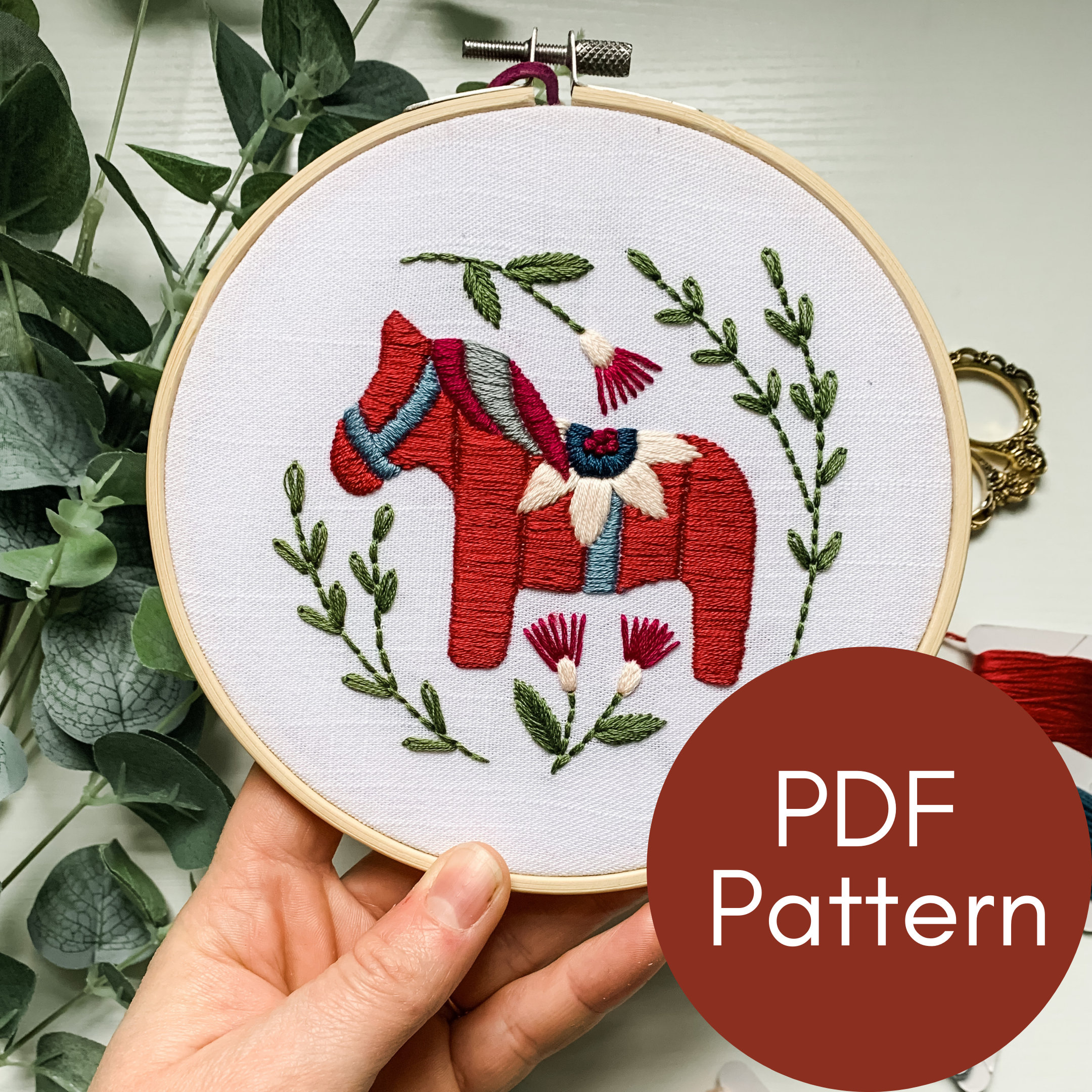 PDF パターン、スウェーデンのダーラ馬、刺繍パターン、馬の
