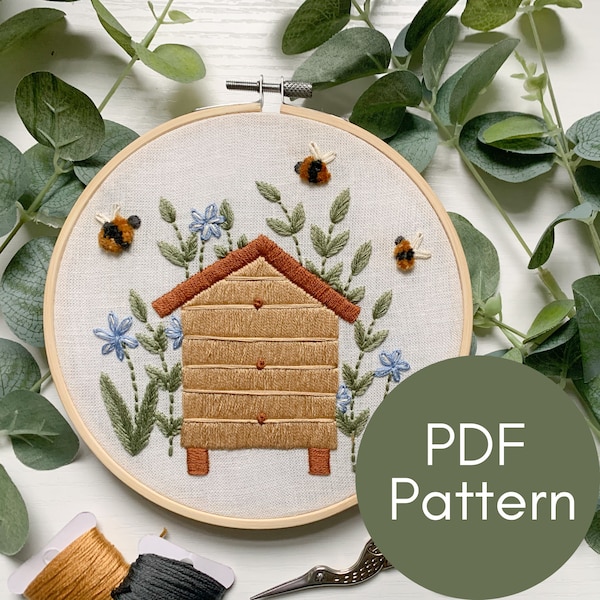 PDF-patroon, bijenkorf, bijenhuis, bijen, borduurpatroon, video-tutorials
