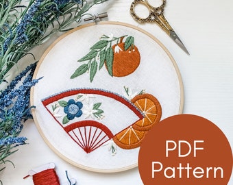 PDF Pattern, Spanish Fan, Oranges, Embroidery Pattern, Spain, Feria de Abril, Video Tutorials