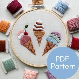 PDF Schnittmuster, Eistüte, Stickmuster, sommerliches Design, Dessert