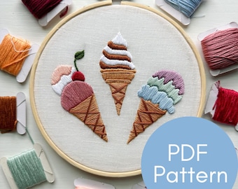 PDF Pattern, Ice Cream Cones, Embroidery Pattern, Summer Design, Dessert
