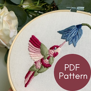PDF Pattern, Hummingbird, Embroidery Pattern, Video Tutorials, Bird Craft
