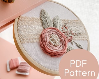 May include: A close-up of a pink and green floral embroidery hoop with a white lace ribbon. The hoop is on a pink surface with the text "PDF Pattern" in a circle.