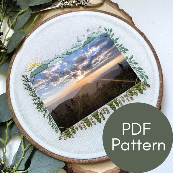 PDF Pattern, Nature Embroidery, 4x6" Frame, Mountain Range, Forest, Embroidery Pattern
