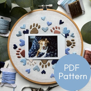 May include: A white embroidery hoop with a brown wooden frame, featuring a dog photo surrounded by paw prints and hearts in blue, brown, and pink. The text "PDF Pattern" is on a blue circle.