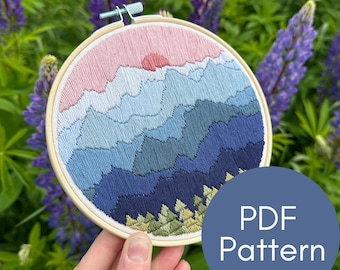 PDF Pattern, Mountain Range, Nature Embroidery, Sunset, Beginner Embroidery