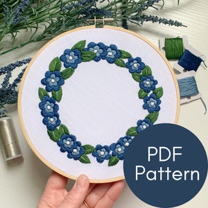 PDF Pattern, Forget-Me-Nots,  Embroidery Pattern, Floral Wreath, Video Tutorials