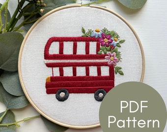 PDF Pattern, Double Decker Bus, London, Embroidery Pattern, UK