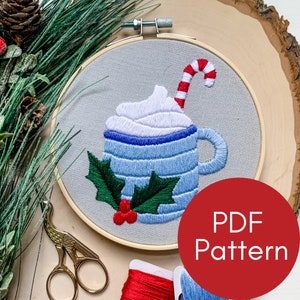 PDF Pattern, Hot Chocolate, Candy Cane, Christmas Embroidery, Embroidery Pattern