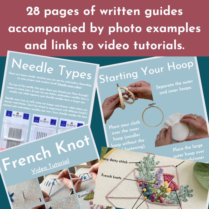 May include: A collage of images showing embroidery techniques, including needle types, starting a hoop, and a close-up of a French knot stitch. The text "Needle Types", "Starting Your Hoop", and "French Knot" are visible in the image.