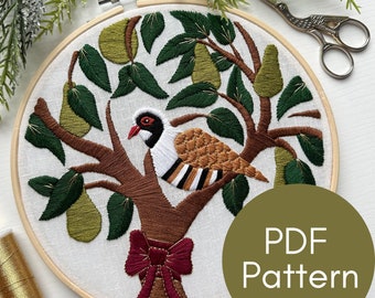 PDF Pattern, Partridge in a Pear Tree, Christmas Embroidery, Bird Craft, Embroidery Pattern