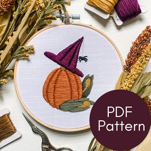 PDF Pattern, Witch Hat, Pumpkin Design, Fall Embroidery, Embroidery Pattern