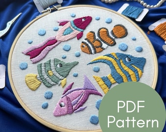 PDF Pattern, Tropical Fish, Embroidery Pattern, Summer Design, Animal Embroidery, Nursery Decor