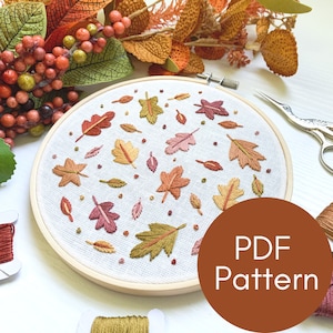 PDF Schnittmuster, Herbstlaub, Herbst Stickerei, Ahorn, Eiche, Stickmuster