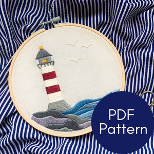 PDF Pattern, Lighthouse Embroidery, Nautical Design, Ocean Scene, Embroidery Pattern
