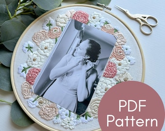 PDF Pattern, Bridal Frame, Floral Embroidery, 4x6" Frame, Wedding Flowers, Anniversary Gift, Embroidery Pattern