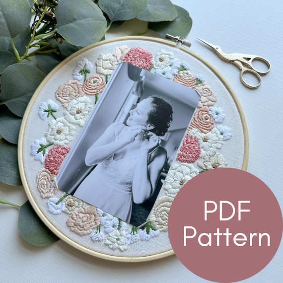 PDF Pattern, Bridal Frame, Floral Embroidery, 4x6" Frame, Wedding Flowers, Anniversary Gift, Embroidery Pattern