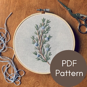 PDF Pattern, Juniper Branch, Embroidery Pattern, Beginner Embroidery, Video Tutorials