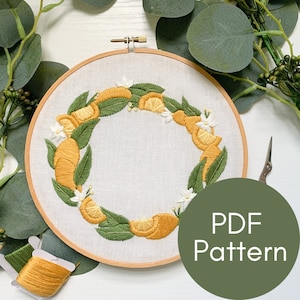 PDF Pattern, Lemon Wreath, Embroidery Pattern, Citrus, Video Tutorials