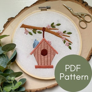 PDF Pattern, Birdhouse, Embroidery Pattern, Spring Garden, Video Tutorials