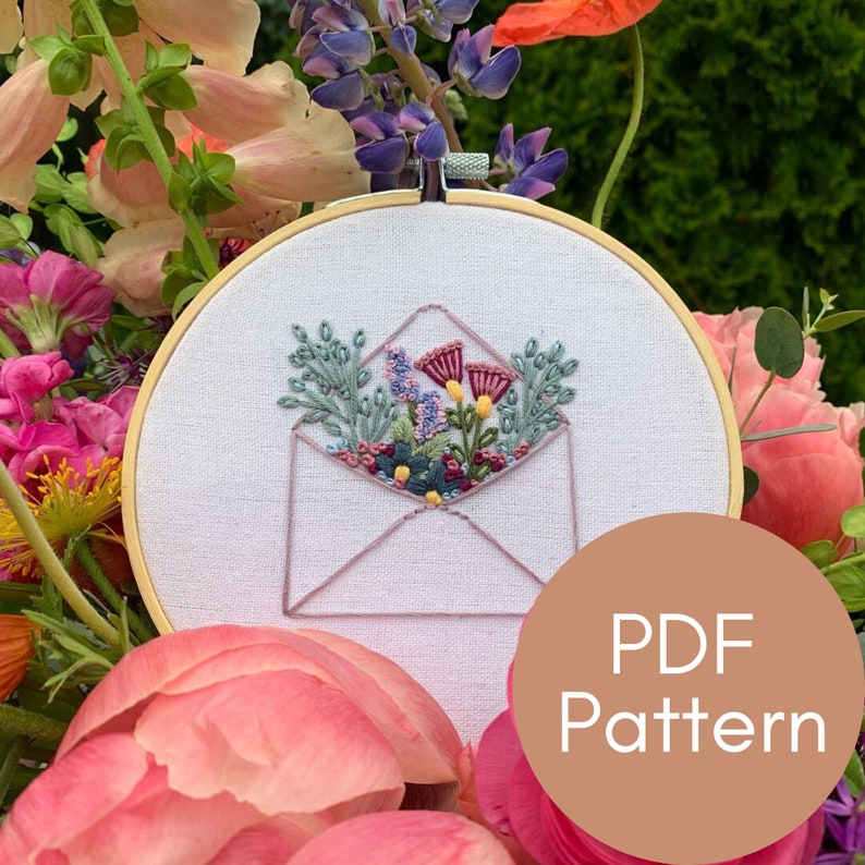 PDF Pattern, Floral Envelope, Embroidery Pattern, Stationery, Love Letter image 1