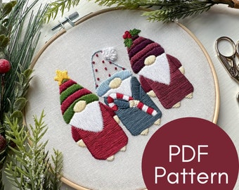 PDF Pattern, Christmas Gnomes, Holiday Embroidery, Embroidery Pattern