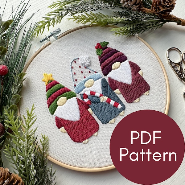 Patrón PDF, Gnomos navideños, Bordado navideño, Patrón de bordado