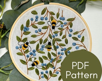 PDF Pattern, Blueberries and Bees, Embroidery Pattern, Garden Design