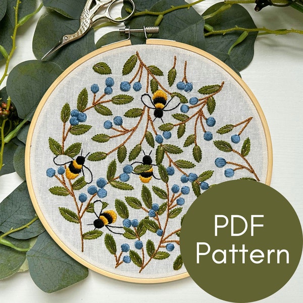 Patrón PDF, Arándanos y Abejas, Patrón de Bordado, Diseño de Jardines