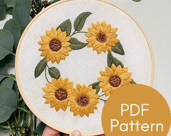 PDF Pattern, Sunflower Wreath, Embroidery Pattern, Summer Flowers, Video Tutorials