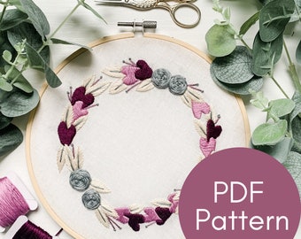 PDF Pattern, Heart Wreath Embroidery, DIY Valentine's Gift, Embroidery Pattern