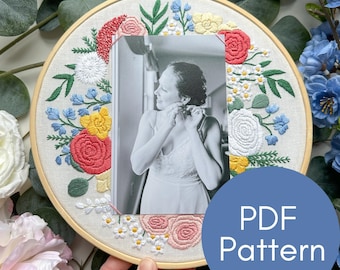 PDF Pattern, Wedding Embroidery, 4x6 Frame, Photo Memory, Floral, Daisy, Roses, Embroidery Pattern