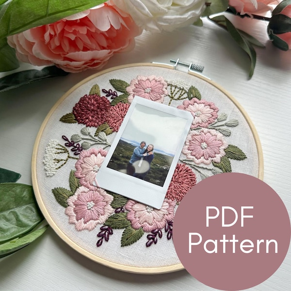 PDF Pattern, Flower Embroidery, Instax Mini Polaroid Frame, Photo Memory, Wedding Embroidery, Gift for Bride