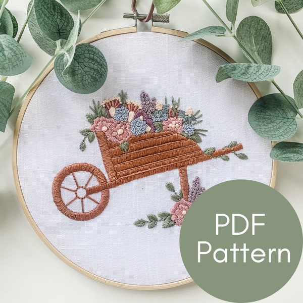 PDF Pattern, Antique Wheelbarrow, Embroidery Pattern, Mother's Day Gift, Video Tutorials