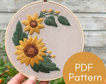 PDF Pattern, Sunflower Half Wreath, Embroidery Pattern, Summer