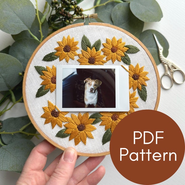 PDF Pattern, Sunflower Embroidery, Instax Mini Polaroid Frame, Photo Memory, Embroidery Pattern, Summer Flowers