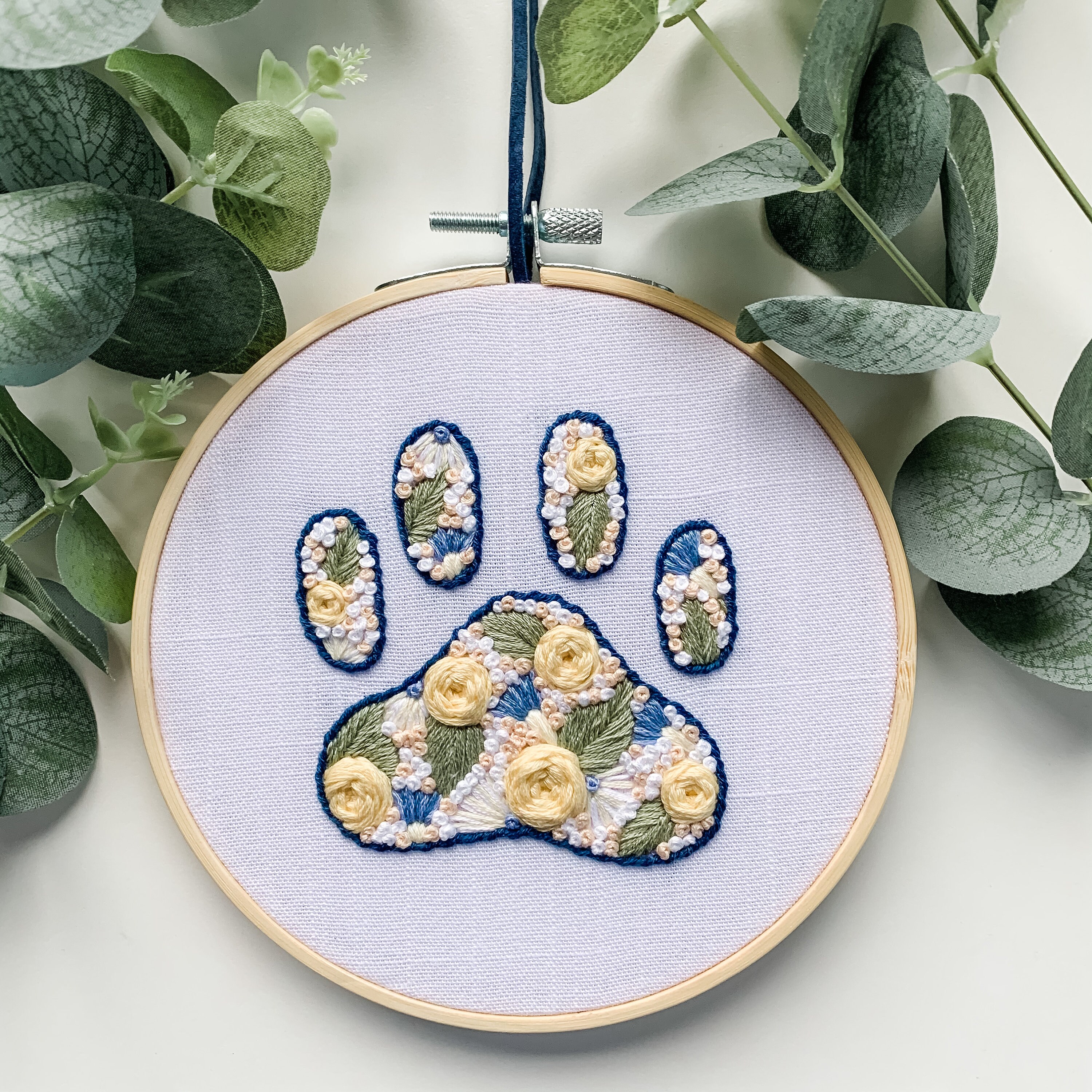 Floral Paw Print Hand Embroidery Pattern Modern Embroidery Etsy