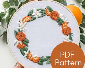 PDF Pattern, Orange Wreath, Embroidery Pattern, Citrus Design, Fruit Wreath