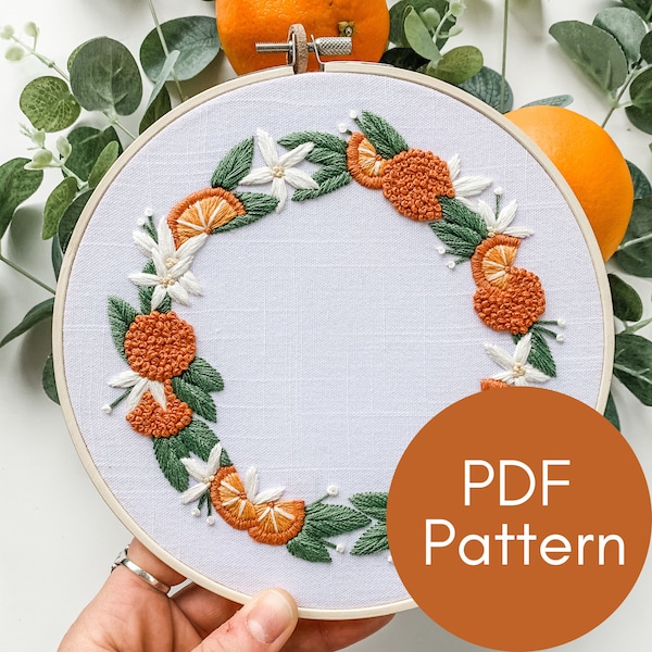 PDF Pattern, Orange Wreath, Embroidery Pattern, Citrus Design, Fruit Wreath
