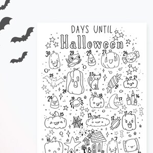 Pu&ograve; includere: Un calendario di conto alla rovescia di Halloween stampabile in bianco e nero con illustrazioni di zucche, pipistrelli, fantasmi, gatti, mais dolce e stelle. Il testo "DAYS UNTIL HALLOWEEN" &egrave; in cima al calendario.
