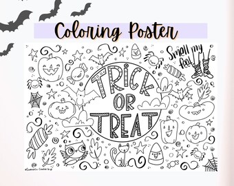 Trick or Treat, Halloween Coloring Poster, PDF Party Activity, Bats, Black Cat, Spiders, Jack-O-Lanterns and Candy Corn