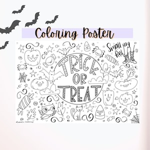 Trick or Treat, Halloween Coloring Poster, PDF Party Activity, Bats, Black Cat, Spiders, Jack-O-Lanterns and Candy Corn