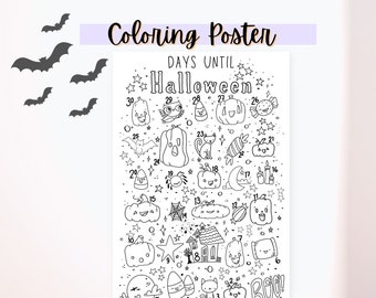 Halloween Advent Countdown Calendar Coloring Poster, Printable PDF