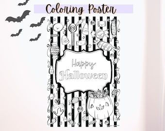 Happy Halloween Coloring Poster, PDF Party Activity, Jack-O-Lanterns and Candy Corn