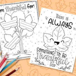 Dankbare boom kleurplaten, dankbaarheid werkblad voor kinderen, afdrukbare Thanksgiving kleuren PDF, Kawaii blad en boom, dankbaarheidsboom