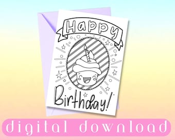 Coloring Birthday Card with Cute Kawaii Cupcake Drawing, Printable Gender Neutral, Instant Download